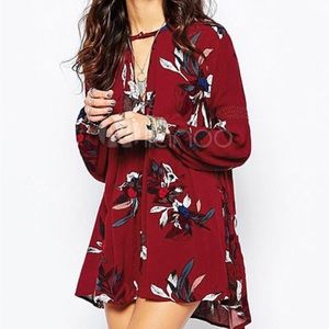 Free People Tree Swing Burgundy Floral Print Long Sleeve Tunic Dress Size Small